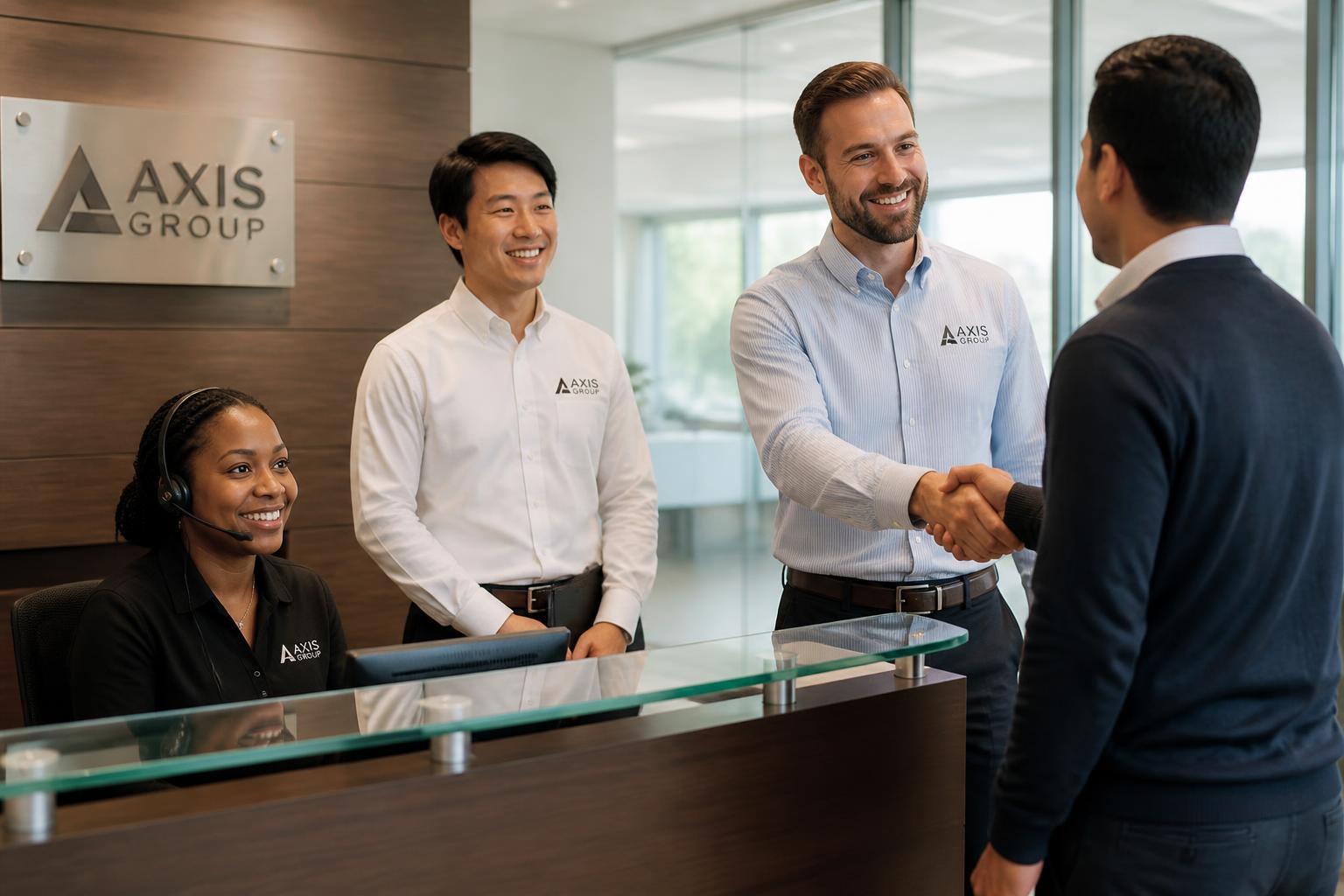 AXIS GROUP client services team welcoming a visitor at headquarters