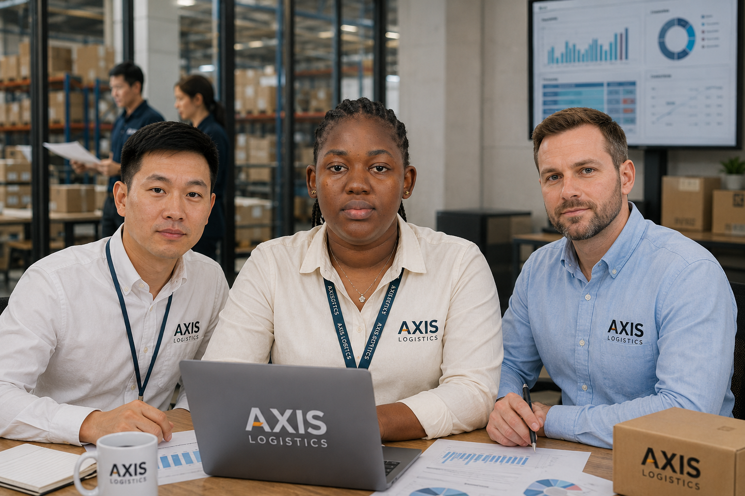 AXIS GROUP logistics team reviewing procurement data in a warehouse